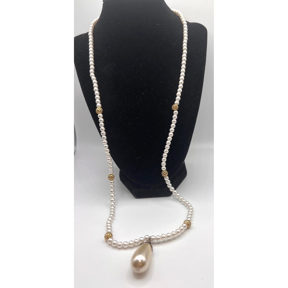 Vintage Faux Pearl Teardrop Pendant Necklace 30" Gold Bead Accents